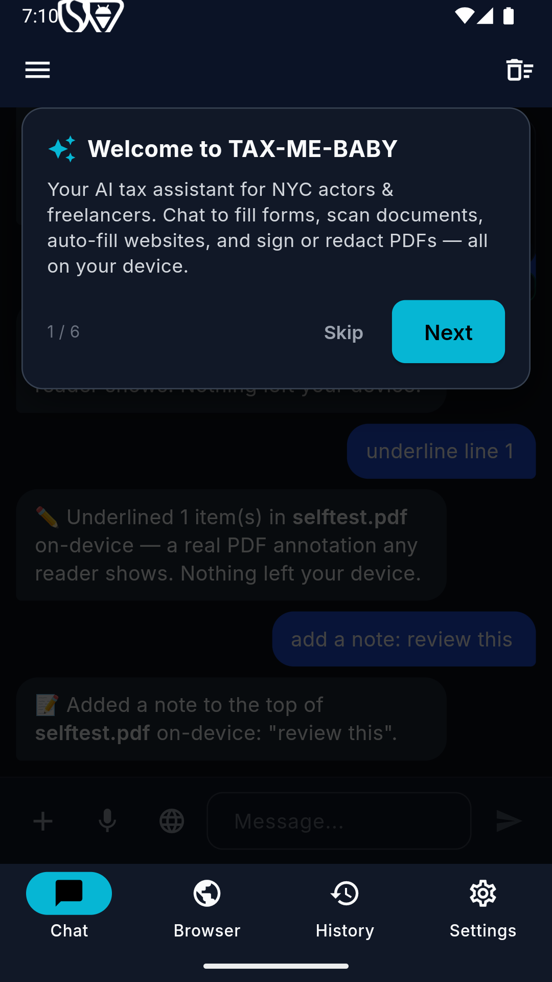 TAX-ME-BABY chat assistant on Android